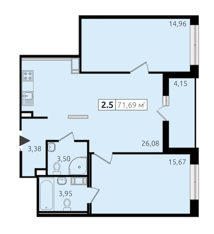 2-комнатная квартира 67.54 м², 11/14 эт., ЖК «Чёрная речка»